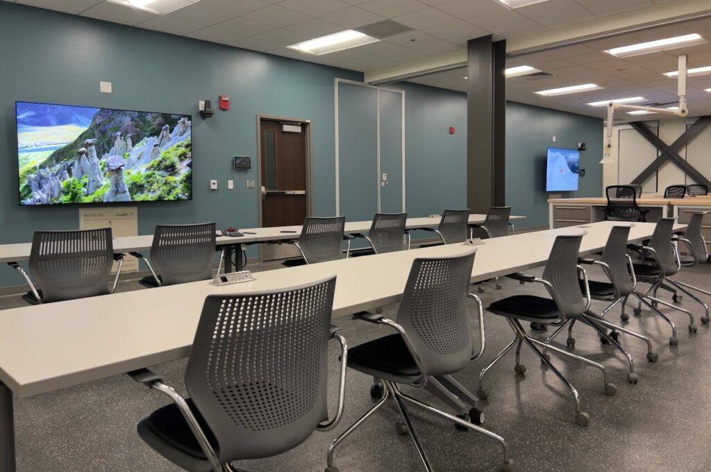 Classroom with smart tv screens for zoom lectures and lectures.